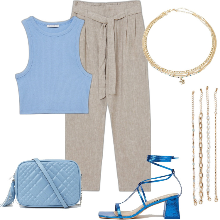 Outfit donna - Sea colors. Stile Casual chic per Tutti i giorni. Abbinamento con pantaloni capri, borse a tracolla, sandali in pelle, braccialetti, top, ciondoli.