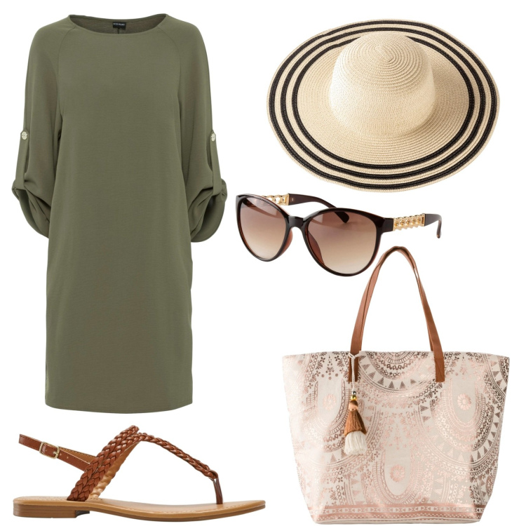 Outfit donna - Passeggiando sul lungomare. Stile Casual chic per Mare. Abbinamento con vestiti, shopping bag, ciabatte, occhiali da sole, cappelli.