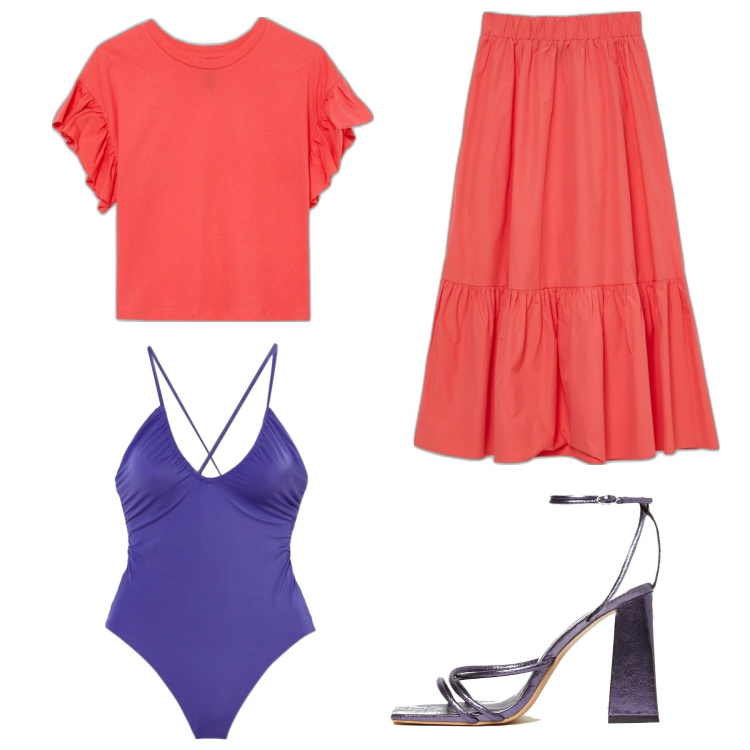 Outfit donna - Salmone e viola. Stile Basic per Mare. Abbinamento con gonne lunghe, t-shirt, costumi interi, sandali in pelle.