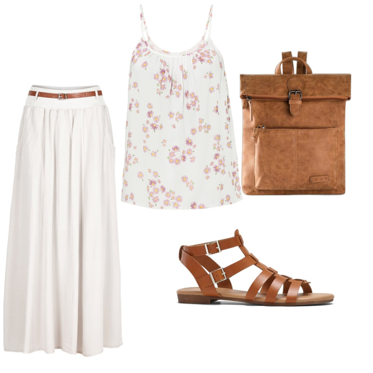 Outfit donna - Aperiwhite. Stile Casual chic Abbinamento con zaini, gonne lunghe, top, sandali.
