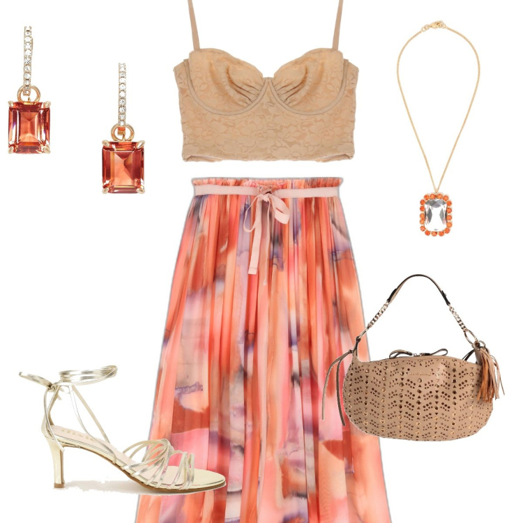 Outfit donna - Sfumature del tramonto. Stile Chic per Serata fuori. Abbinamento con orecchini, gonne longuette, top, ciondoli, sandali col tacco, borse a spalla.