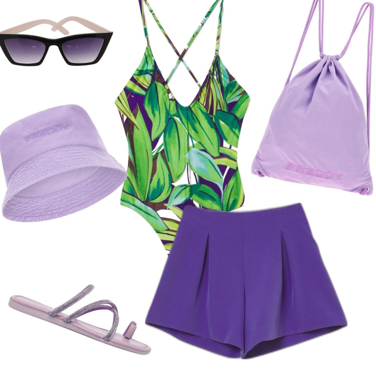 Outfit donna - Total look #1681323. Stile Glamour per Mare. Abbinamento con pantaloni corti, costumi interi, infradito, zaini, cappelli, occhiali da sole.