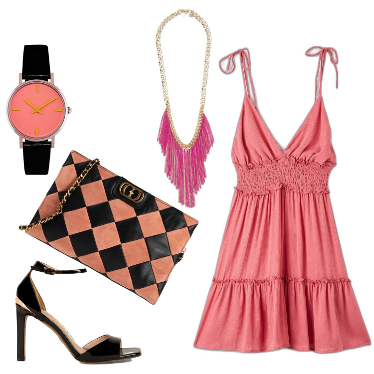 Outfit donna - Pink in August 2023. Stile Casual chic per Serata fuori. Abbinamento con borse a tracolla, vestiti corti, sandali col tacco, collane, orologi.
