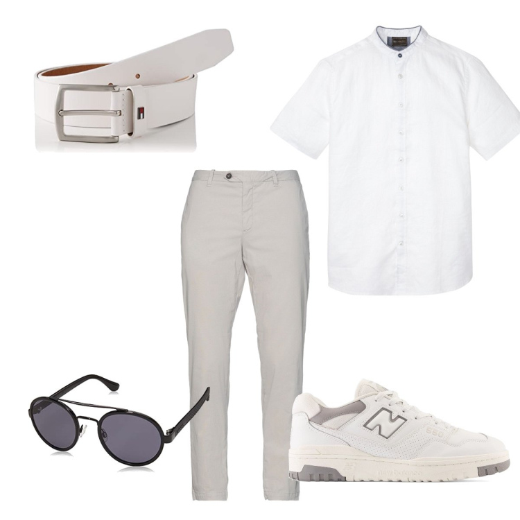 Outfit uomo - Total White. Stile Casual per Tutti i giorni. Abbinamento con camicie a manica corta, pantaloni, occhiali da sole, cinture, sneakers.