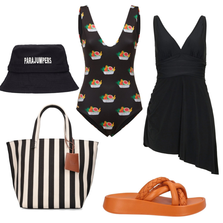 Outfit donna - Total look #1681335. Stile Vintage retrò per Mare. Abbinamento con vestiti da spiaggia, sandali in pelle, costumi interi, shopping bag, cappelli.