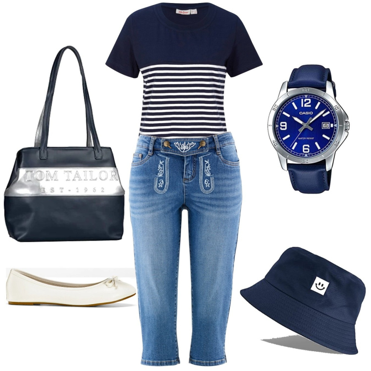 Outfit donna - È l\'ora dell\'aperitivo. Stile Casual chic per Tutti i giorni. Abbinamento con t-shirt, ballerine, pantaloni capri, orologi, cappelli con visiera, shopping bag.