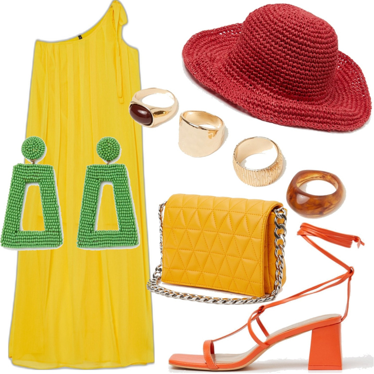 Outfit donna - Abito monospalla giallo. Stile Romantica per Tutti i giorni. Abbinamento con vestiti asimmetrici, sandali in pelle, cappelli con visiera, borse a spalla, anelli, orecchini.