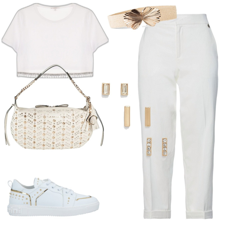 Outfit donna - Total white. Stile Casual chic per Tutti i giorni. Abbinamento con cinture, pantaloni, sneakers, borse a spalla, t-shirt, orecchini.