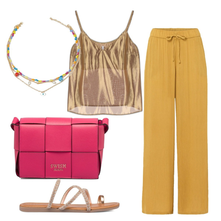 Outfit donna - Top dorato. Stile Glamour per Serata fuori. Abbinamento con pantaloni, top, ciondoli, borse a tracolla, infradito.