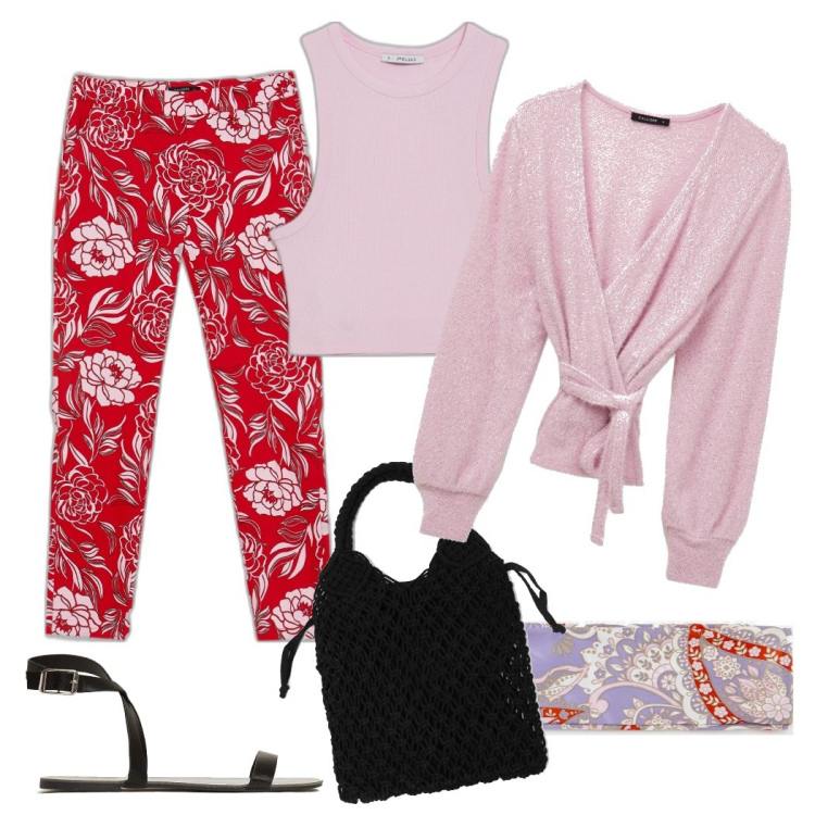 Outfit donna - Serata all\'aperto. Stile Casual chic per Serata fuori. Abbinamento con cardigans, pantaloni capri, top, borse a spalla, foulard, sandali.
