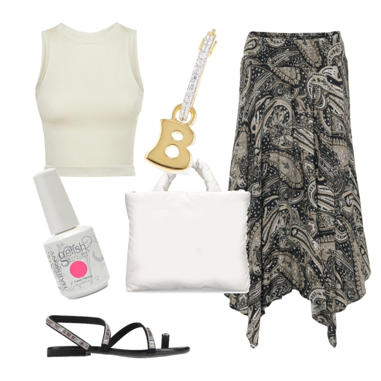 Outfit donna - Al Top. Stile Casual chic per Tutti i giorni. Abbinamento con gonne longuette, infradito, canottiere, smalti, shopping bag, orecchini.