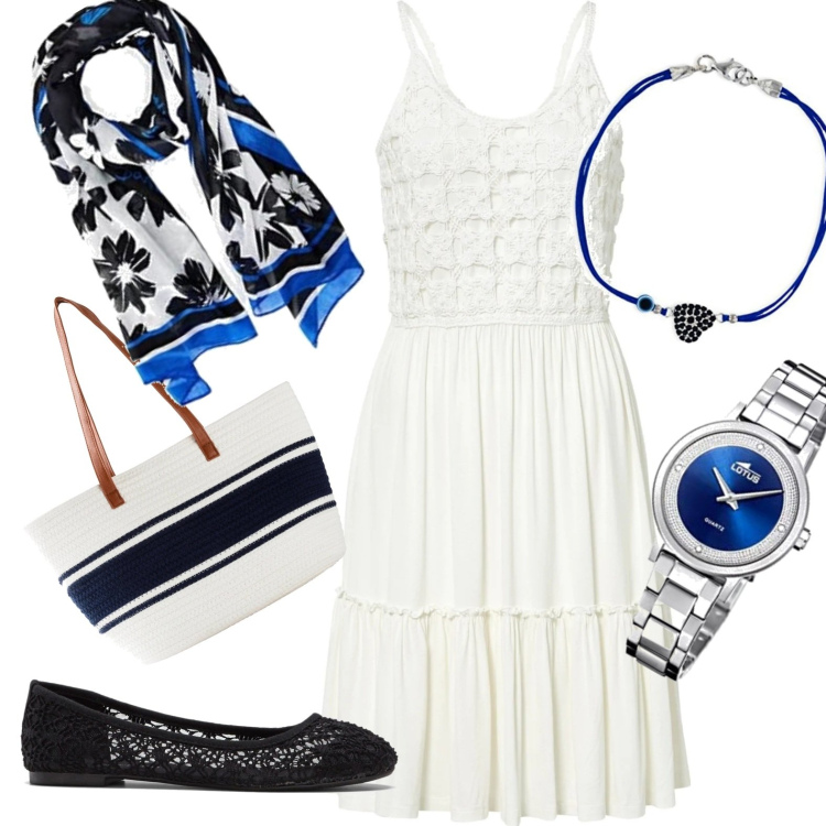 Outfit donna - In vacamza. Stile Casual chic per Tutti i giorni. Abbinamento con ballerine, vestiti, shopping bag, orologi, braccialetti, sciarpe.