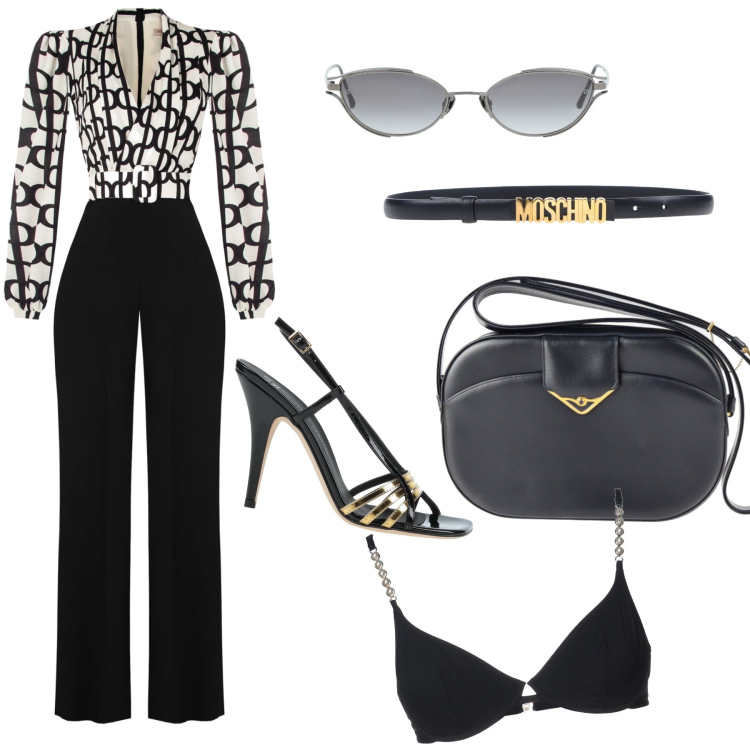 Outfit donna - Serata glamour. Stile Chic per Serata fuori. Abbinamento con reggiseni, borse a tracolla, occhiali da sole, sandali in pelle, cinture, tute.