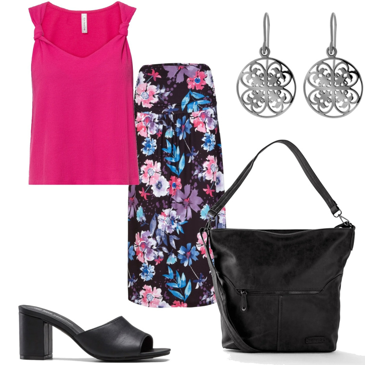 Outfit donna - Gonna in fiori e top. Stile Trendy per Tutti i giorni. Abbinamento con borse a tracolla, gonne, ciabatte, top, orecchini.