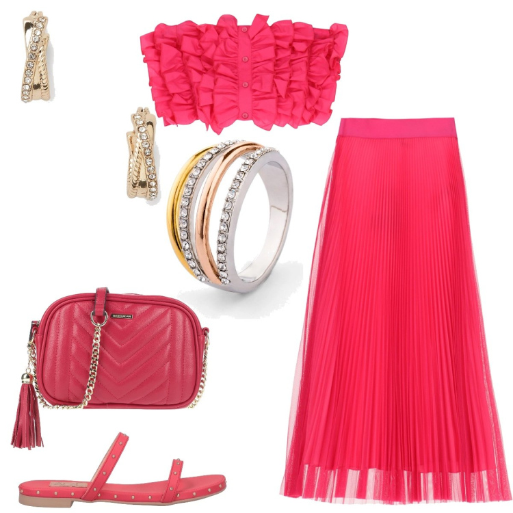 Outfit donna - Total look #1681465. Stile Boho per Serata fuori. Abbinamento con anelli, borse a tracolla, sandali in pelle, gonne longuette, top, orecchini.