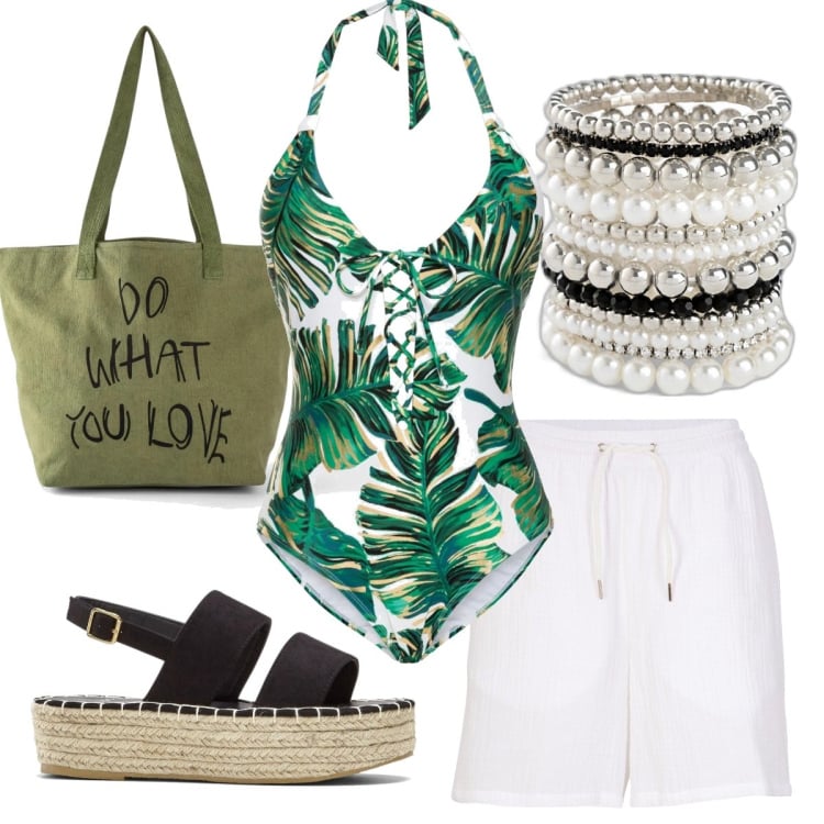 Outfit donna - Il costume intero jungle. Stile Casual per Mare. Abbinamento con braccialetti, costumi interi, shorts, sandali, shopping bag.