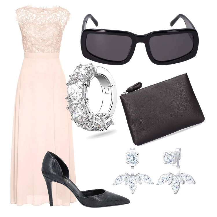 Outfit donna - Abito da sera. Stile Chic per Cerimonia. Abbinamento con vestiti lunghi, décolleté, orecchini, pochette, ciondoli, occhiali da sole.