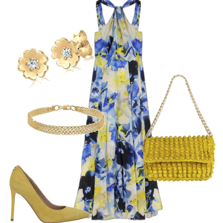 Outfit donna - Vestito a fiori gialli e blu. Stile Chic per Tutti i giorni. Abbinamento con décolleté, borse a mano, vestiti lunghi, orecchini, braccialetti.