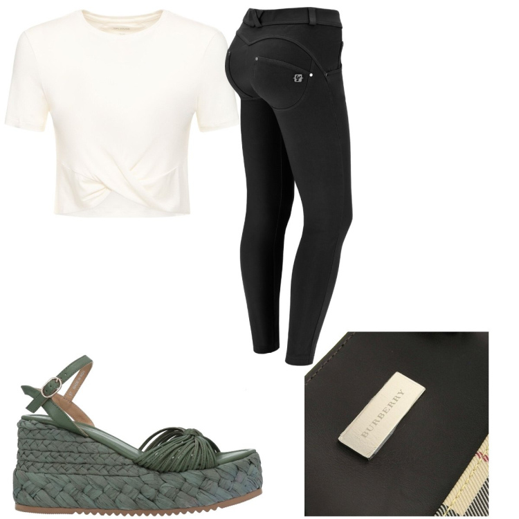 Outfit donna - T-shirt color panna. Stile Basic per Tutti i giorni. Abbinamento con borse a mano, espadrillas, pantaloni skinny, top.
