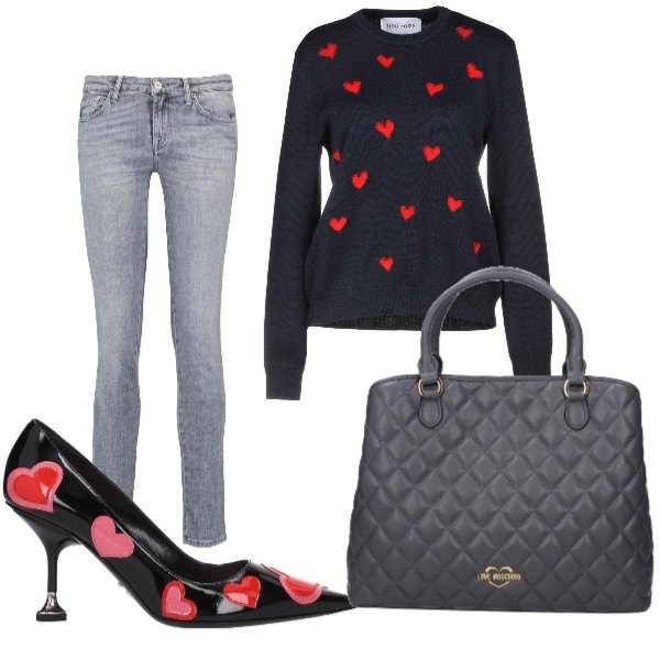 Outfit donna - Trendy #21267. Stile Trendy per Ufficio. Abbinamento con pullover fantasia lavorato a maglia collo tondo a maniche lunghe, jeans con strass shantung tinta unita, borse a mano, décolleté con stampa effetto vernice nero.