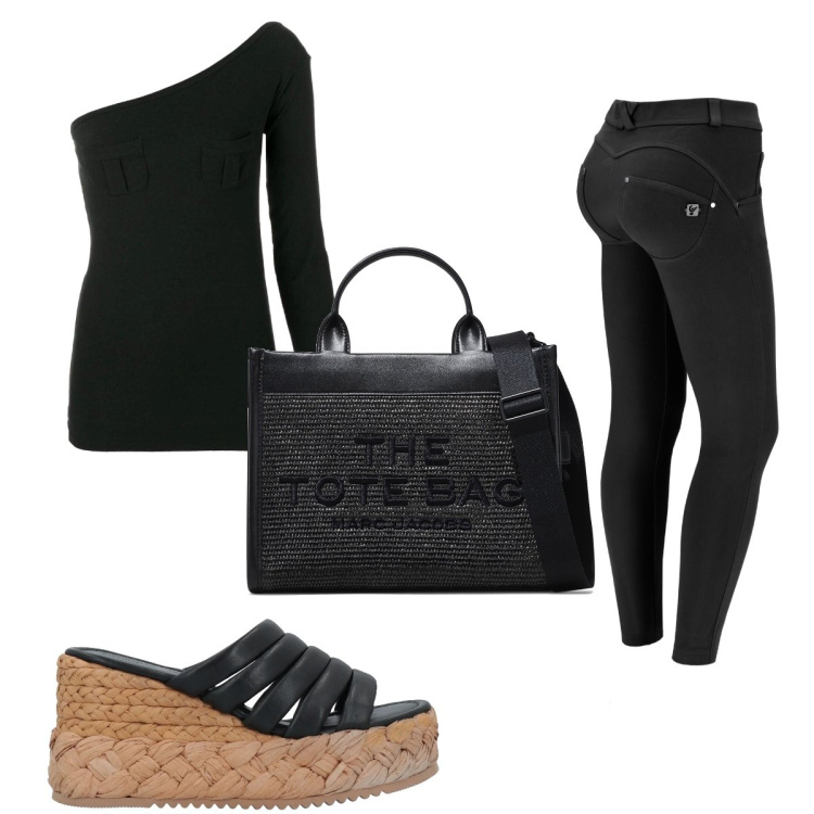 Outfit donna - Borsa nera Tote Bag. Stile Basic per Tutti i giorni. Abbinamento con espadrillas, top, pantaloni skinny, shopping bag.