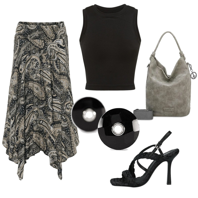Outfit donna - Tocco etnico. Stile Etnico per Serata fuori. Abbinamento con gonne longuette, sandali in pelle, canottiere, orecchini, ciondoli.