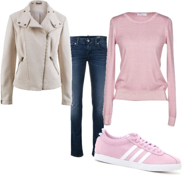 Outfit donna - Basic #15198. Stile Basic per Scuola/Università. Abbinamento con giubbotto effetto scamosciato in pelle sintetica grigio, jeans skinny blu, sneakers rosa.