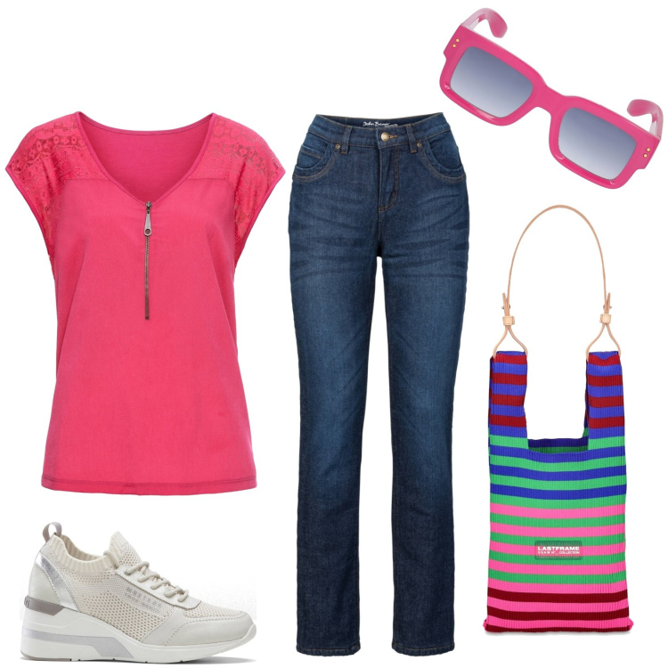 Outfit donna - Aperitivo con le amiche. Stile Casual per Tutti i giorni. Abbinamento con sneakers, jeans dritti, t-shirt, borse a spalla, occhiali da sole.