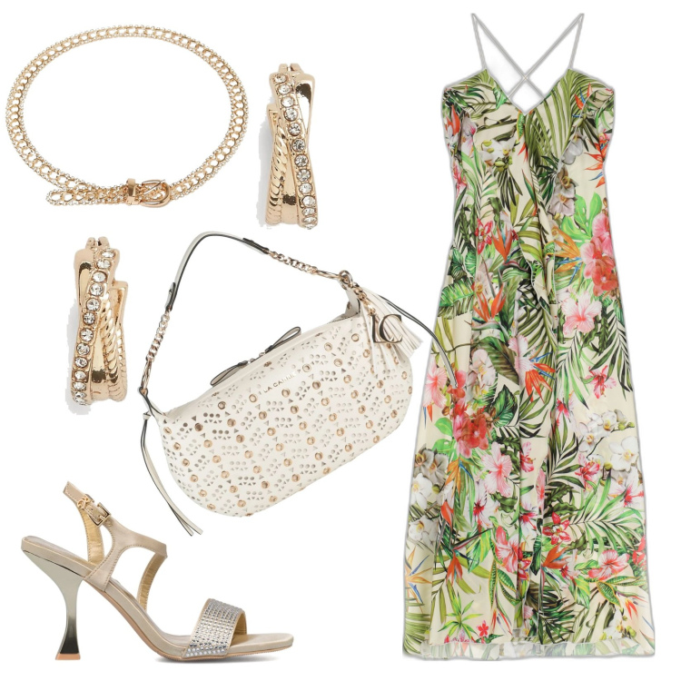 Outfit donna - Fantasia botanica. Stile Casual chic per Tutti i giorni. Abbinamento con borse a spalla, vestiti lunghi, cinture, orecchini, sandali gioiello.