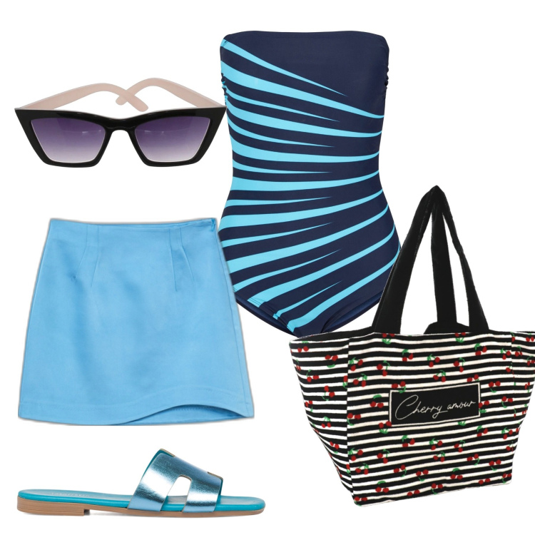 Outfit donna - Onde. Stile Basic per Mare. Abbinamento con costumi interi, minigonne, ciabatte, borse a secchiello, occhiali da sole.