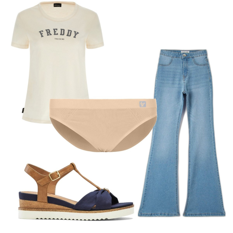 Outfit donna - Jeans largo. Stile Basic per Tutti i giorni. Abbinamento con sandali, jeggings, culotte, t-shirt.