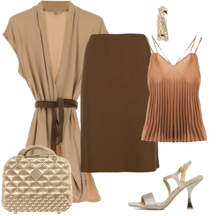 Outfit donna - Sfumature di marrone. Stile Chic per Serata fuori. Abbinamento con gonne longuette, top, cardigans, orecchini, sandali gioiello, valigie.