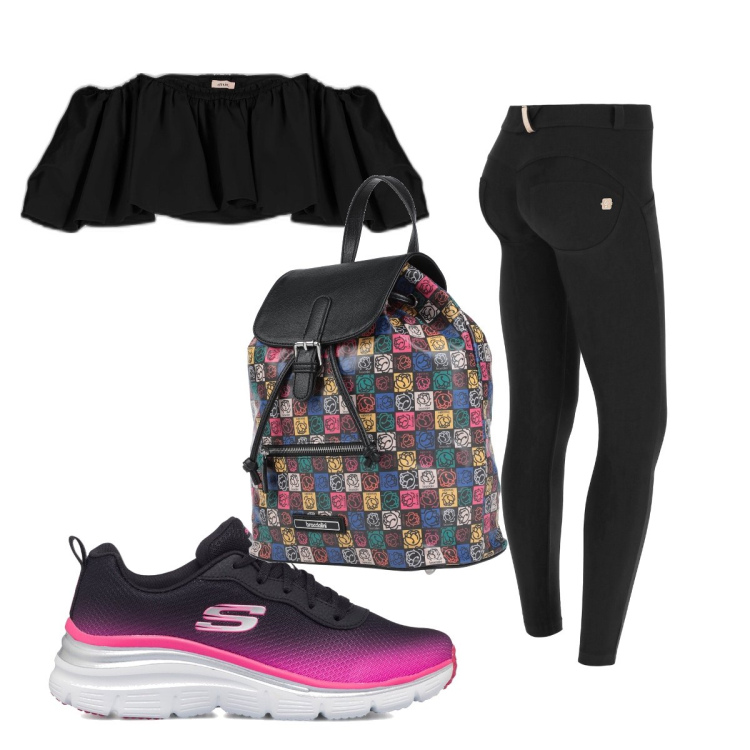 Outfit donna - Total look #1681881. Stile Sporty chic per Tutti i giorni. Abbinamento con zaini, pantaloni skinny, top, sneakers.