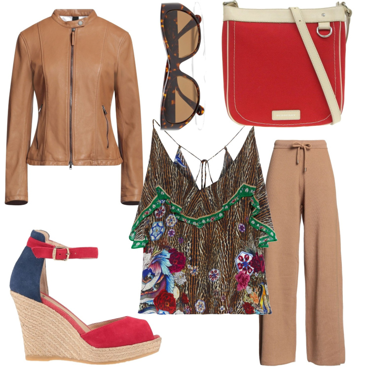 Outfit donna - Curvy Safari. Stile Etnico per Tutti i giorni. Abbinamento con top, espadrillas, giacche, pantaloni, borse a spalla, occhiali da sole.