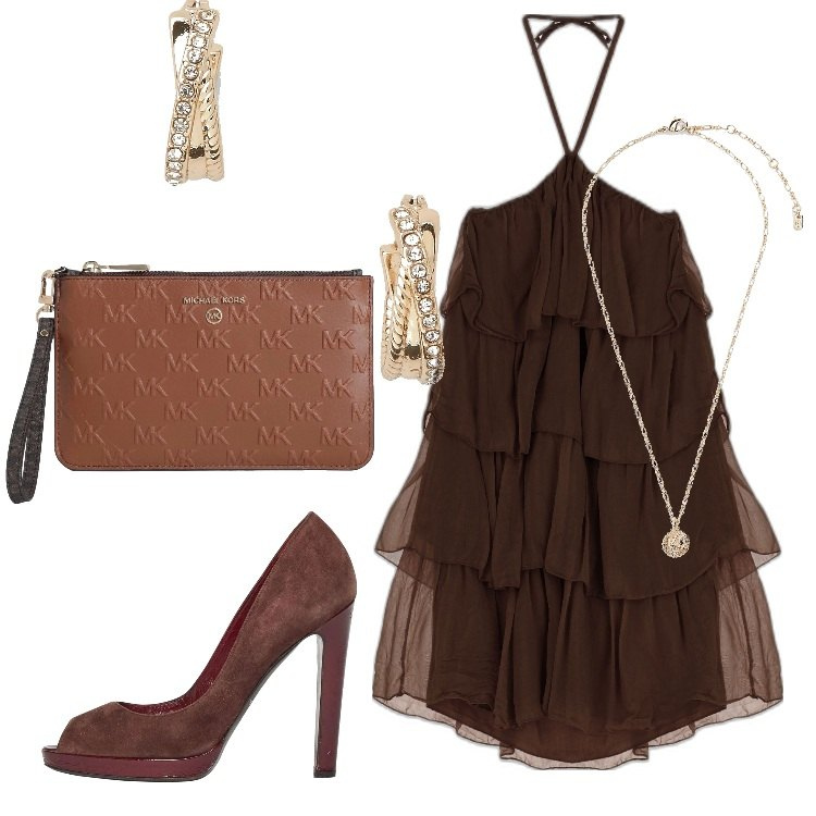 Outfit donna - Mocha Mousse: viva il marrone!. Stile Trendy per Serata fuori. Abbinamento con borse a mano, décolleté, vestiti corti, orecchini, collane.
