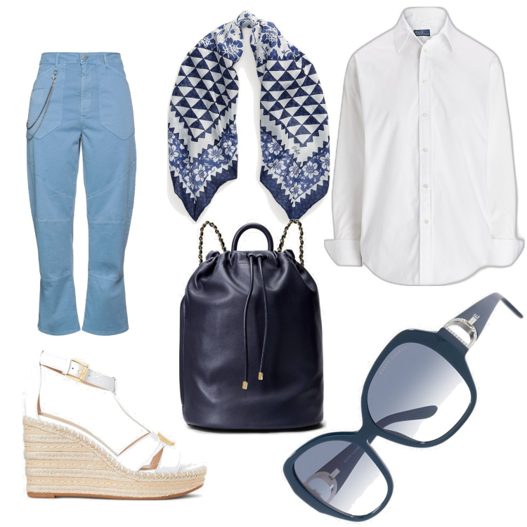 Outfit donna - Curvy in bianco e blu. Stile Urban per Tutti i giorni. Abbinamento con pantaloni, camicie, espadrillas, occhiali da sole, zaini, foulard.