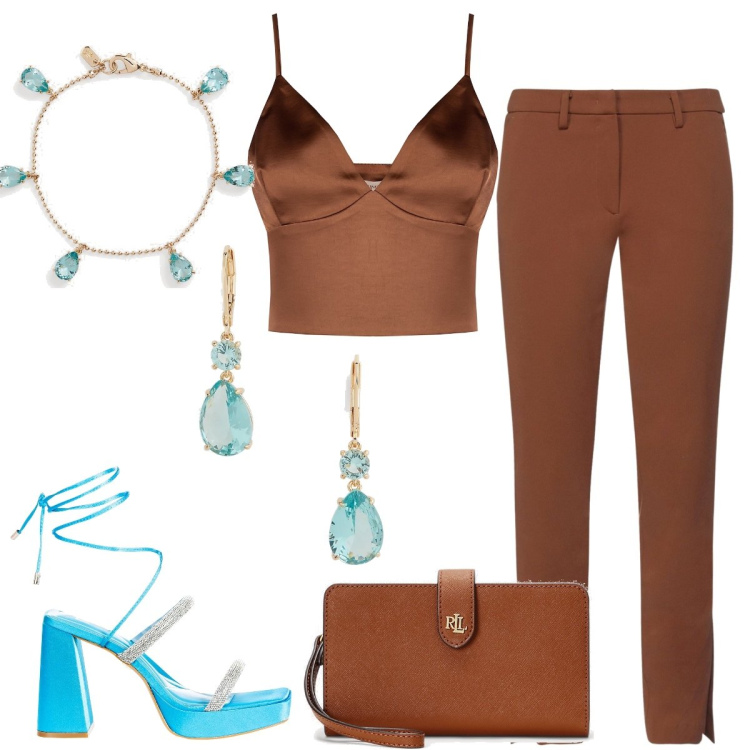Outfit donna - Total look #1681959. Stile Chic per Serata fuori. Abbinamento con pantaloni, top, sandali alla schiava, pochette, orecchini, braccialetti.