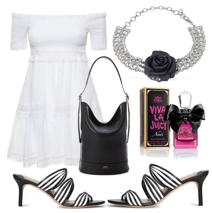 Outfit donna - Sere d\'estate. Stile Basic per Serata fuori. Abbinamento con borse a secchiello, sandali in pelle, profumi, collane, vestiti.