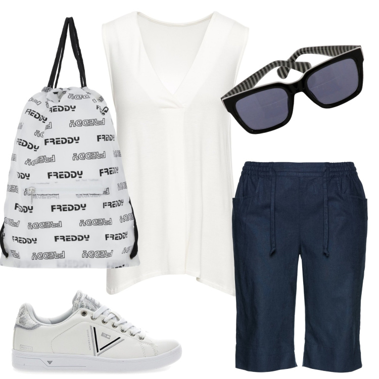Outfit donna - Quotidiano d\'estate. Stile Basic per Tutti i giorni. Abbinamento con bermuda, top, zaini, sneakers, occhiali da sole.