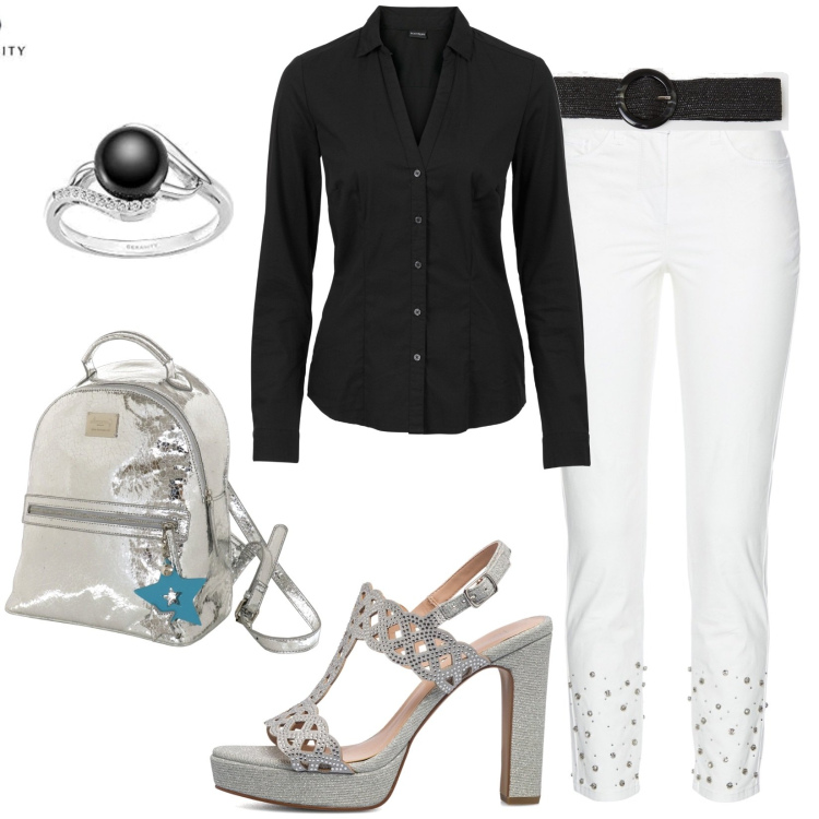 Outfit donna - Total look #1682022. Stile Casual chic per Ufficio. Abbinamento con camicie, jeans, cinture, sandali gioiello, zaini, braccialetti.