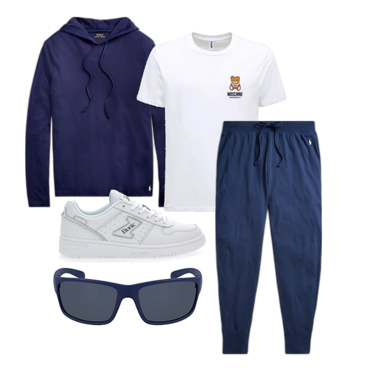 Outfit uomo - Ghost outfitter - agosto. Stile Casual per Tutti i giorni. Abbinamento con pantaloni, felpe con cappuccio, t-shirt, occhiali da sole, sneakers.