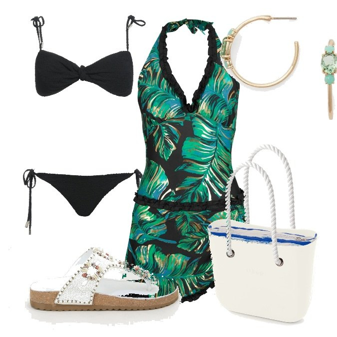 Outfit donna - Summer mood. Stile Casual per Mare. Abbinamento con vestiti da spiaggia, bikini, infradito, orecchini, borse a spalla.