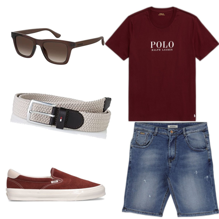 Outfit uomo - Walk in the evening. Stile Casual per Mare. Abbinamento con bermuda, t-shirt, sneakers, occhiali da sole, cinture.