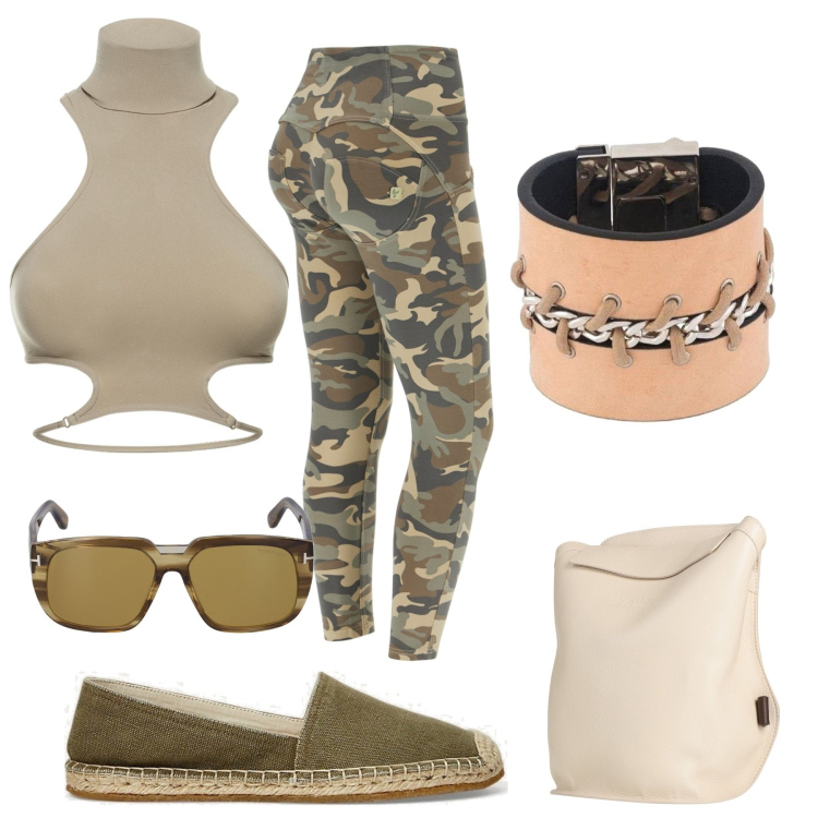 Outfit donna - Curvy, militare ma femminile. Stile Military per Tutti i giorni. Abbinamento con braccialetti, zaini, pantaloni skinny, espadrillas, occhiali da sole, top.