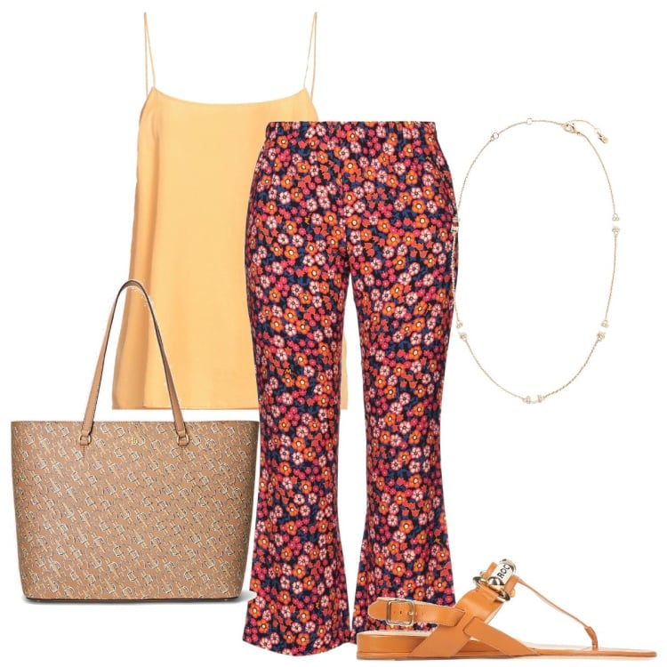 Outfit donna - Passeggiata al tramonto. Stile Casual chic per Serata fuori. Abbinamento con pantaloni, infradito, top, borse tote, collane.