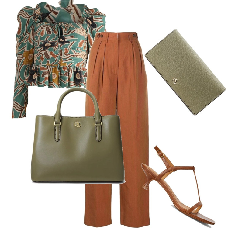 Outfit donna - I pantaloni marroni. Stile Bon Ton per Ufficio. Abbinamento con pantaloni, top, portafogli, sandali col tacco, borse a mano.