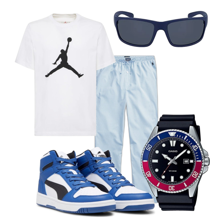 Outfit uomo - Sportivo. Stile Urban per Tutti i giorni. Abbinamento con sneakers alte, pantaloni, orologi, occhiali da sole, t-shirt.