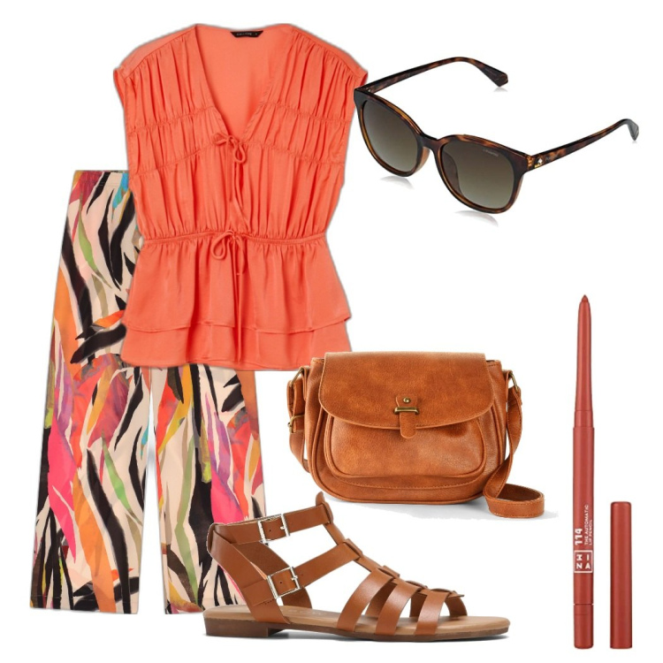 Outfit donna - Spese pazze. Stile Basic per Tutti i giorni. Abbinamento con borse a tracolla, sandali, pantaloni a palazzo, bluse, matite labbra, occhiali da sole.