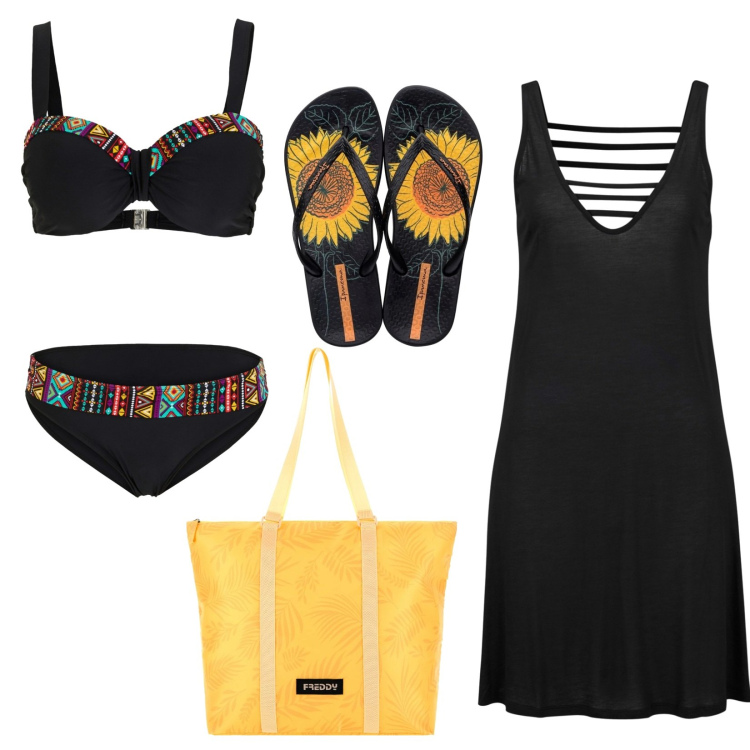 Outfit donna - Mood etnico e girasoli. Stile Etnico per Mare. Abbinamento con vestiti da spiaggia, bikini, borse tote, infradito.
