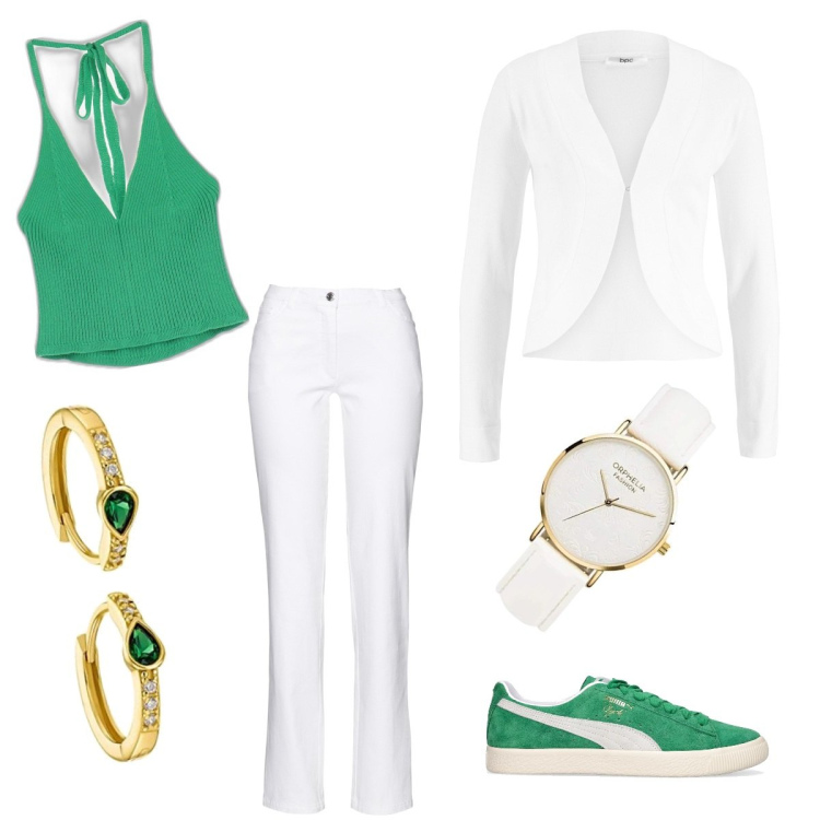 Outfit donna - Total look #1682325. Stile Casual per Tutti i giorni. Abbinamento con pantaloni, blazer, top, sneakers, orologi analogici, orecchini.